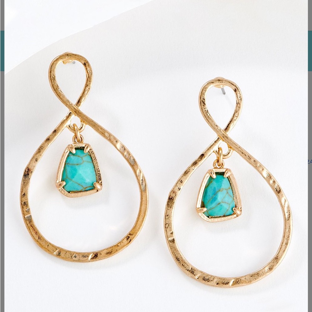 Susan Graver Turquoise & Goldtone Hammered Infinity Hoop Drop Earrings
